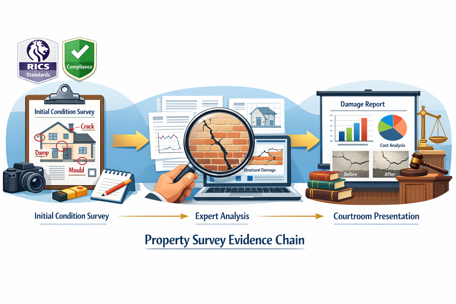 () detailed infographic visualization showing property survey evidence chain with three distinct stages: initial condition