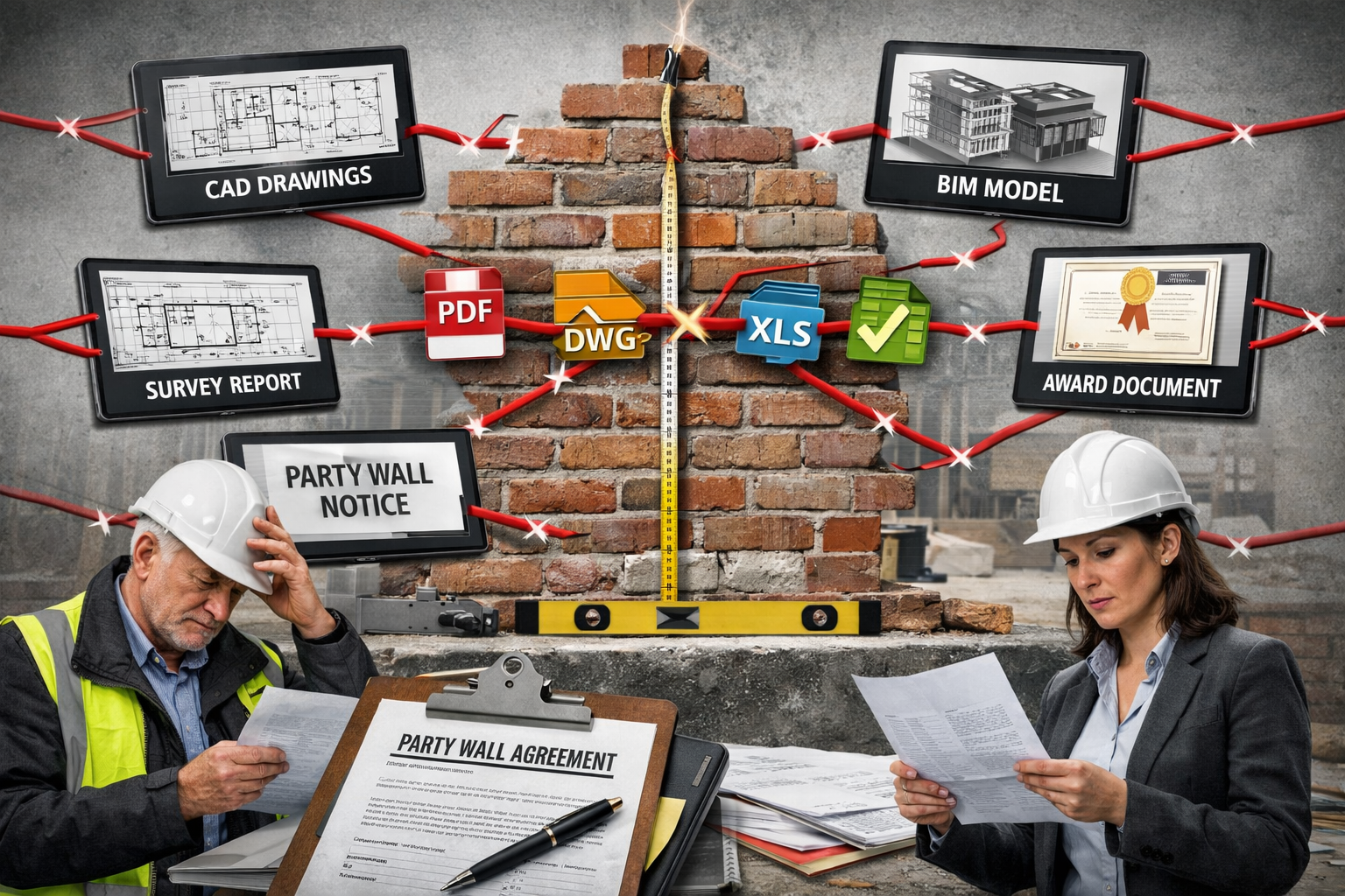 Detailed () image showing fragmented construction workflow visualization with multiple disconnected software platforms