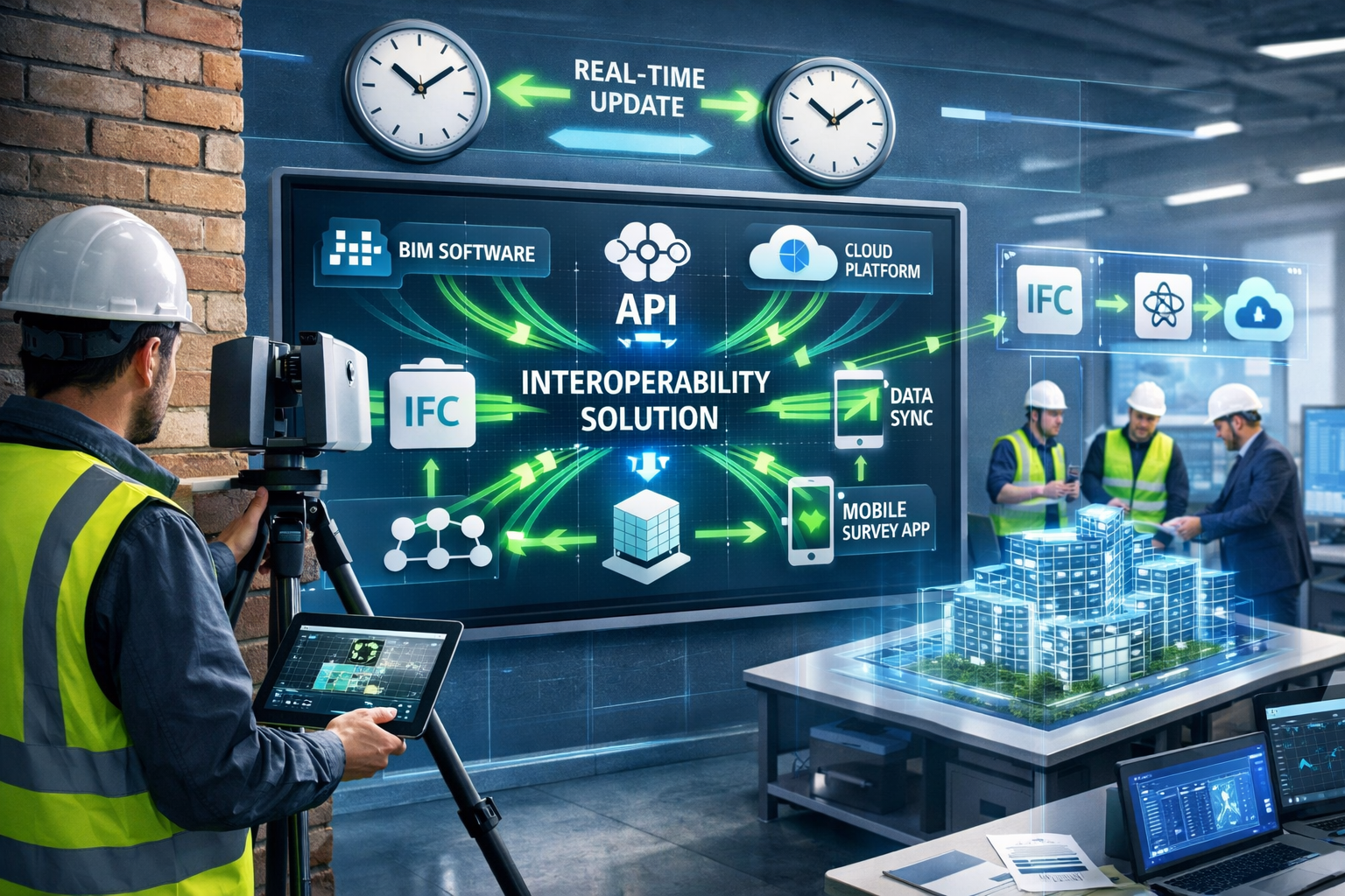 Detailed () image depicting integrated interoperability solution for party wall surveys showing unified digital ecosystem.