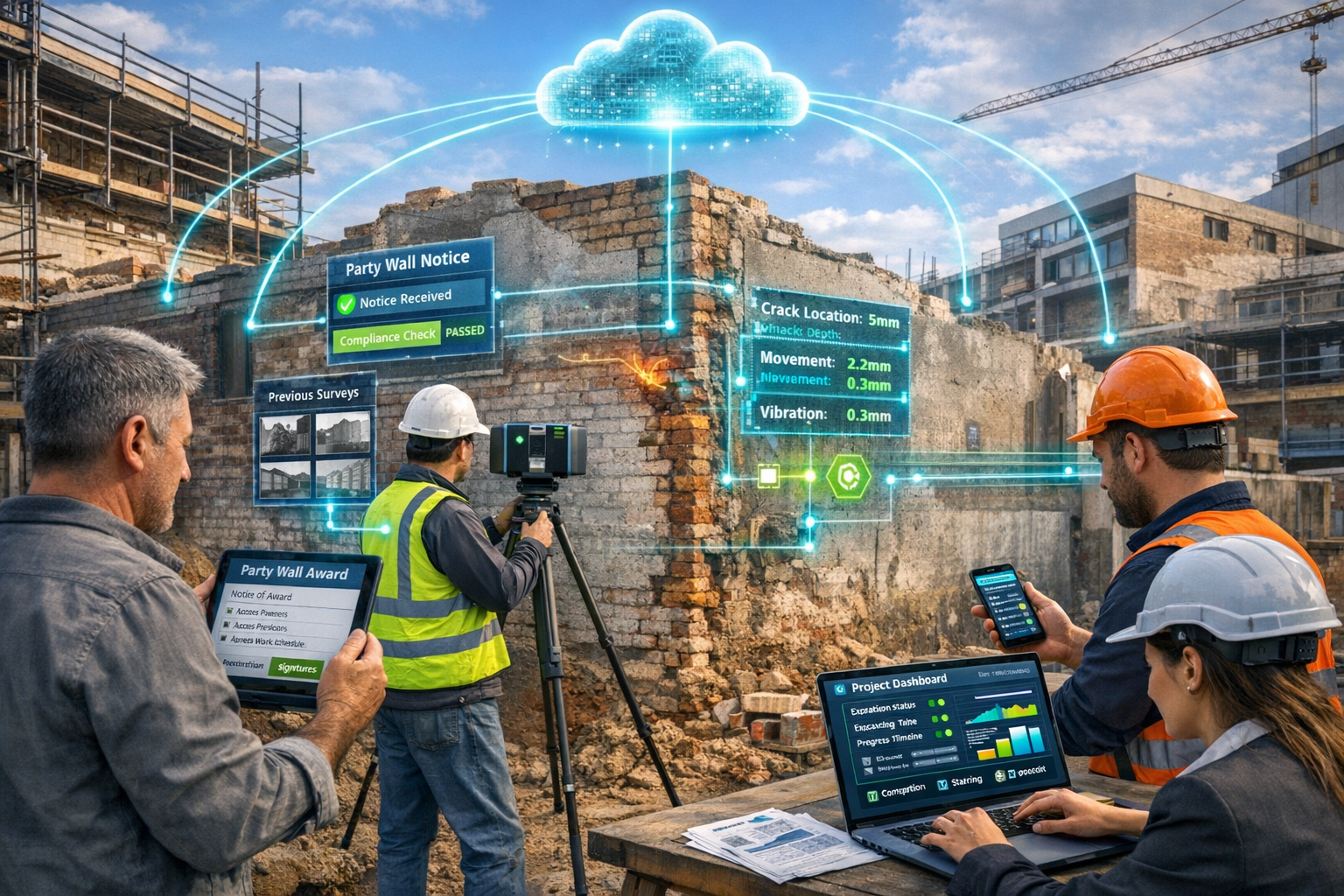 Detailed () image showcasing connected 2026 construction workflow in action with party wall survey integration. Wide-angle