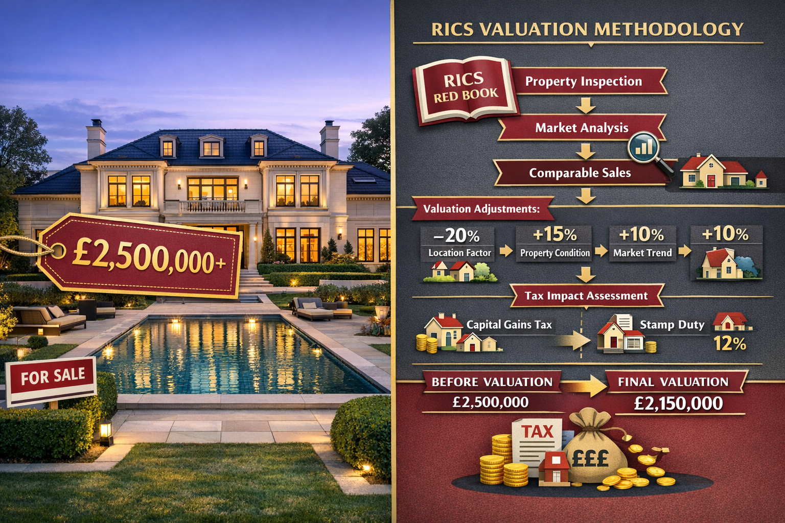 Detailed () image showing split-screen composition: left side displays elegant high-value property exterior worth £2M+ with