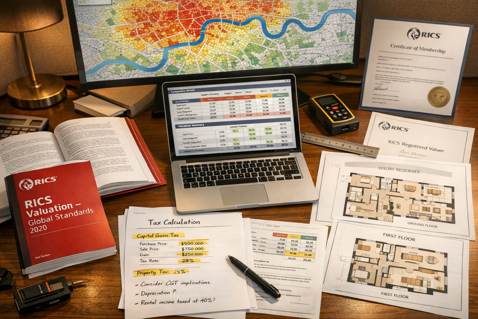 Detailed () image depicting professional surveyor's desk workspace from overhead angle, featuring open RICS Red Book manual,