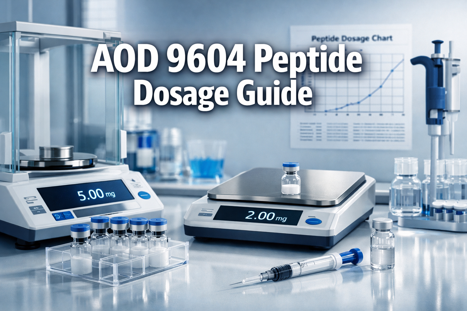 Professional landscape hero image (1536x1024) featuring bold text overlay 'AOD 9604 Peptide Dosage Guide' in extra large 72pt white sans-ser