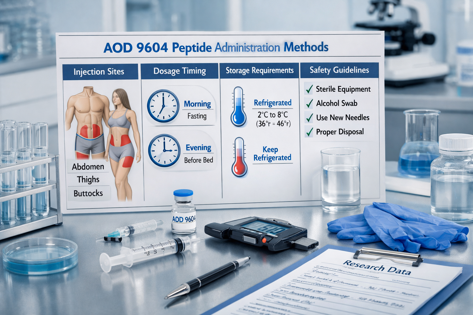 Laboratory research scene displaying AOD 9604 peptide administration methods comparison chart, showing subcutaneous injection sites on anato
