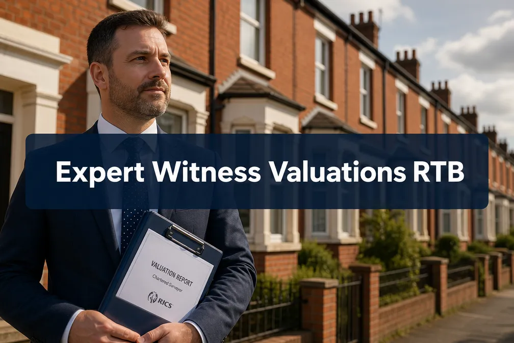 Professional () hero image with (≤42 chars): 'Expert Witness Valuations RTB' in crisp white on a deep navy semi-transparent