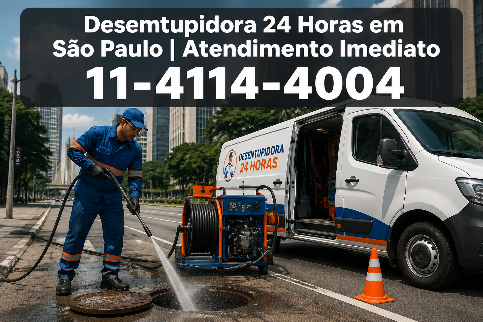 Professional () hero image with em português: 'Desemtupidora 24 Horas em São Paulo | Atendimento Imediato 11-4114-4004' in