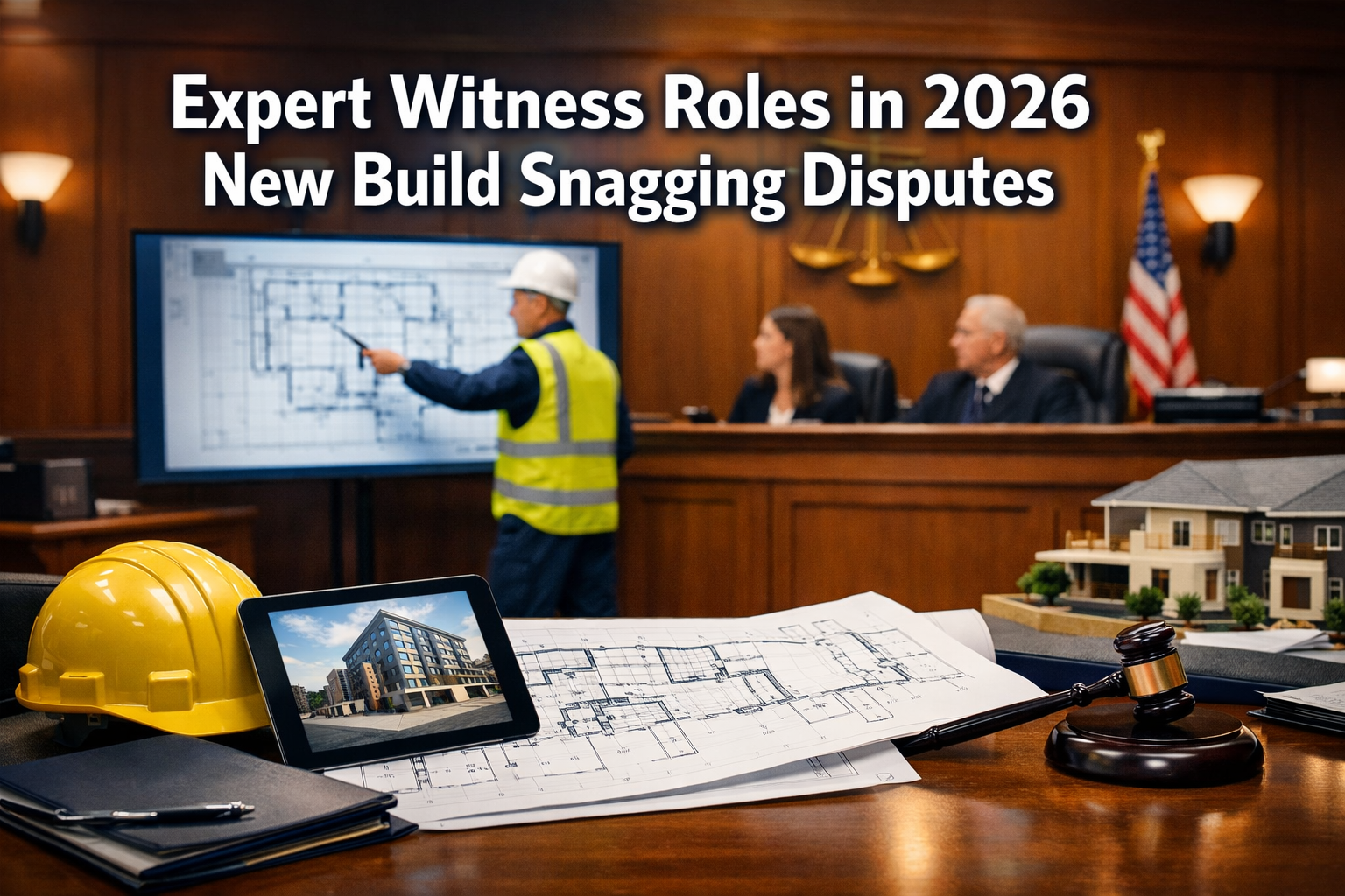 Professional () hero image featuring 'Expert Witness Roles in 2026 New Build Snagging Disputes' in extra large white with