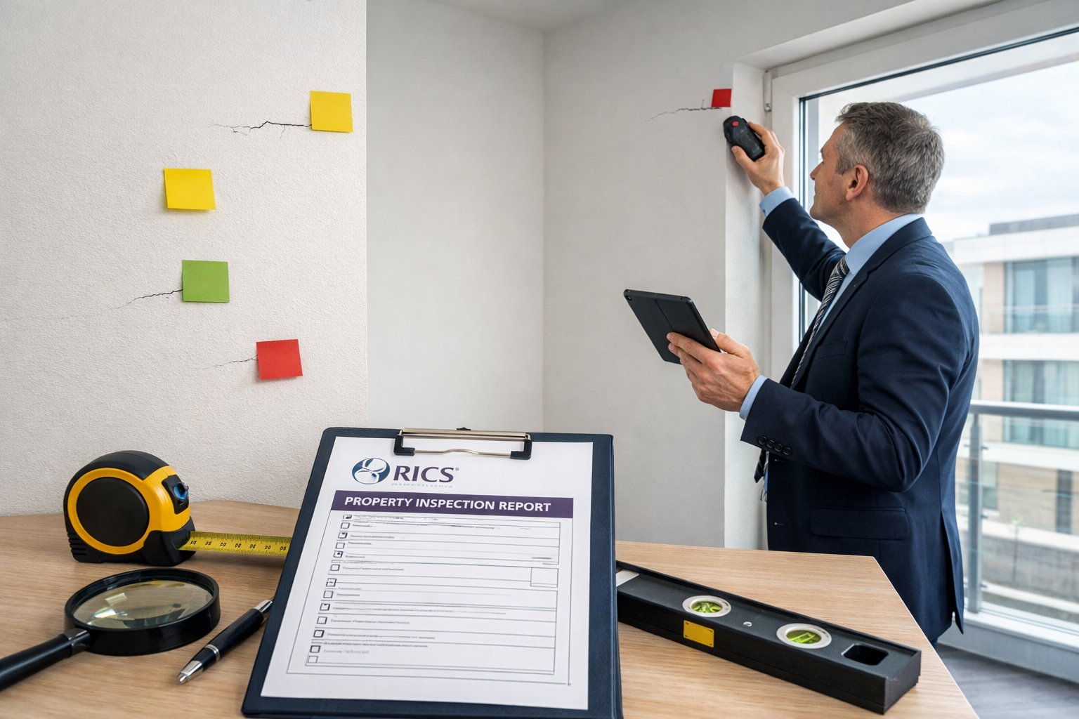 Detailed () image showing professional surveyor in business attire conducting detailed inspection of new build property