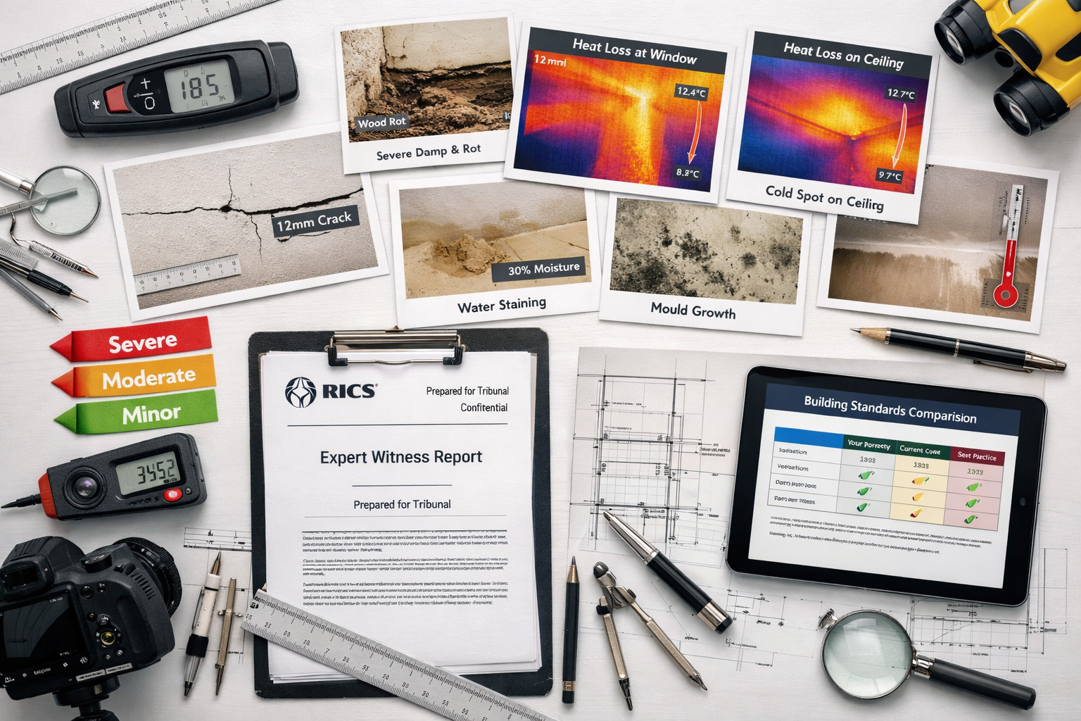 () professional composition showing organized evidence documentation spread across large desk surface: detailed defect