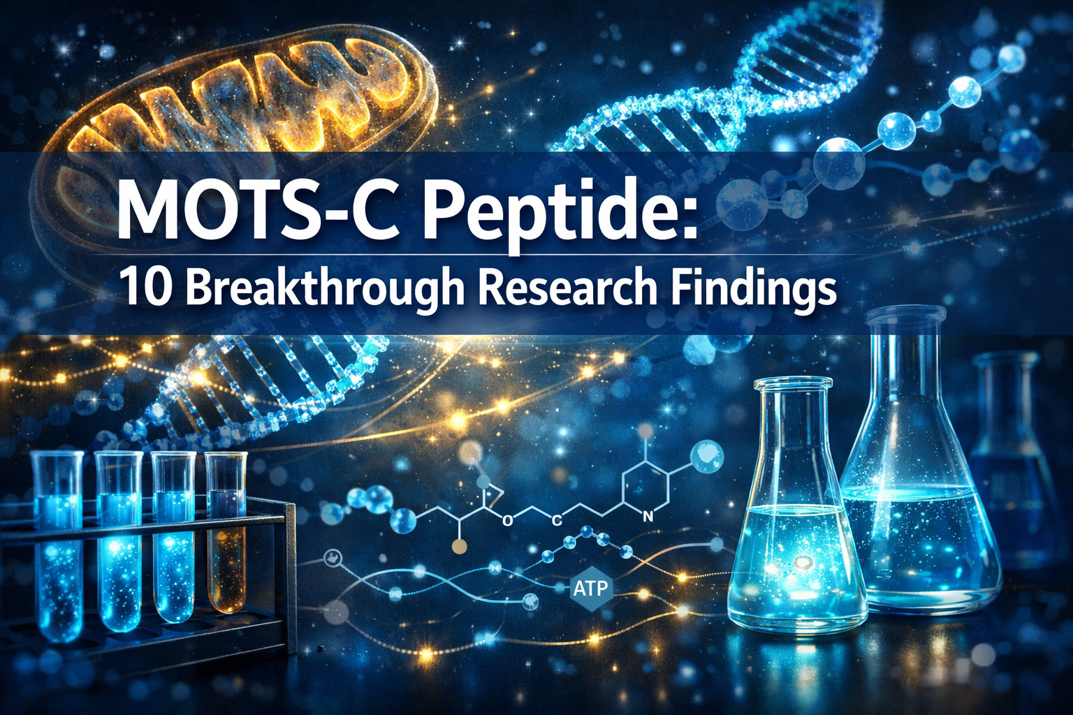 Professional landscape hero image (1536x1024) featuring bold text overlay 'MOTS-C Peptide: 10 Breakthrough Research Findings' in extra large