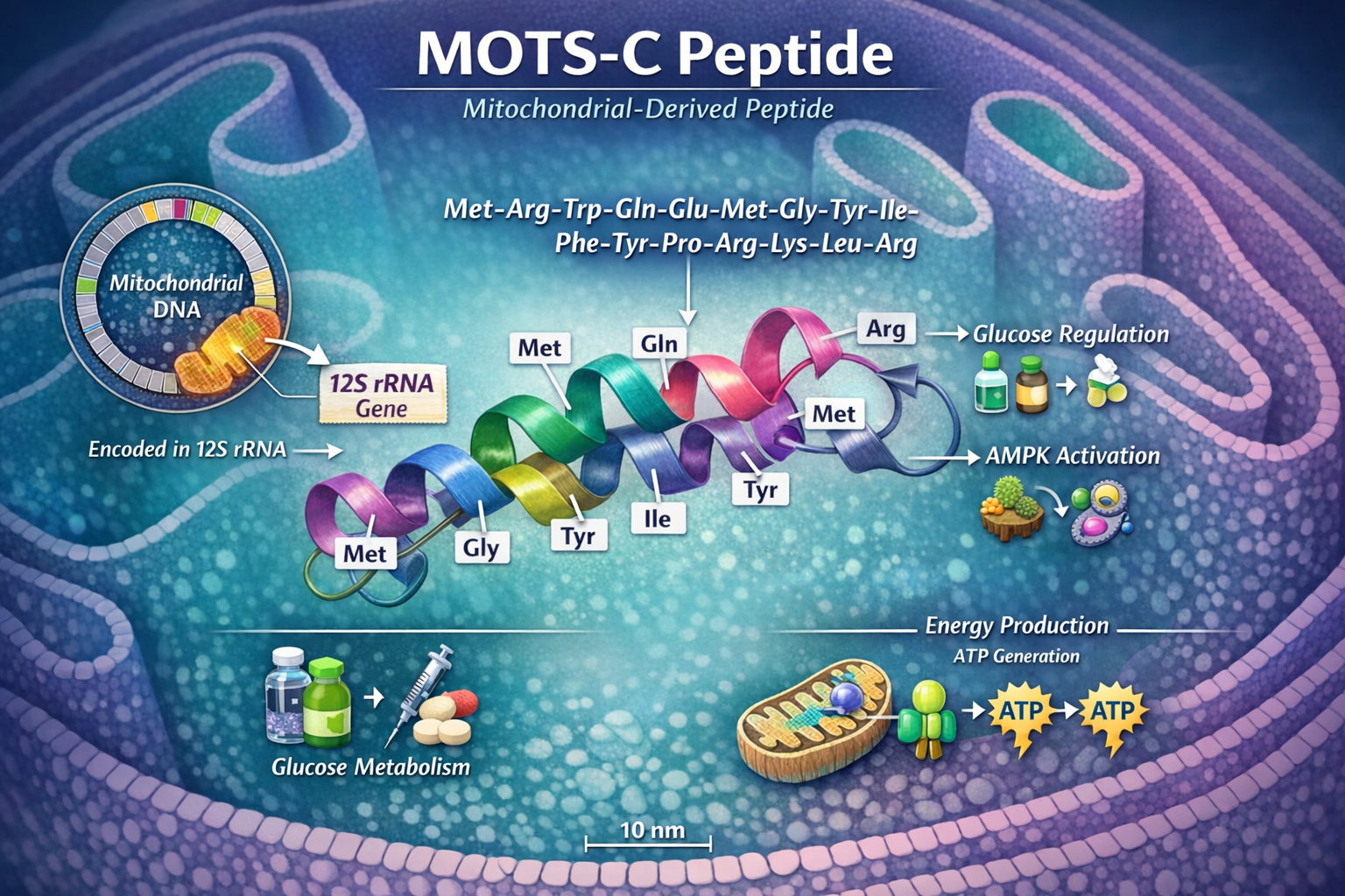 Detailed scientific infographic (1536x1024) showing MOTS-C peptide molecular structure with labeled amino acid sequence (Met-Arg-Trp-Gln-Glu