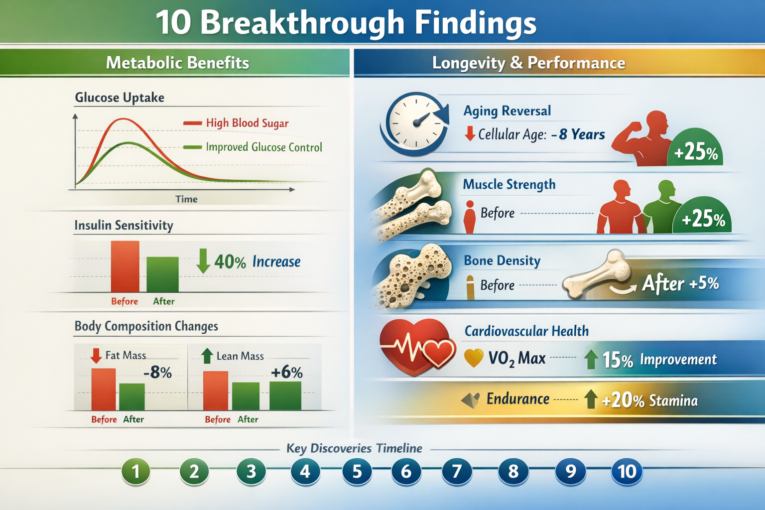 Comprehensive research data visualization (1536x1024) displaying ten breakthrough findings as modern infographic timeline. Features split-sc