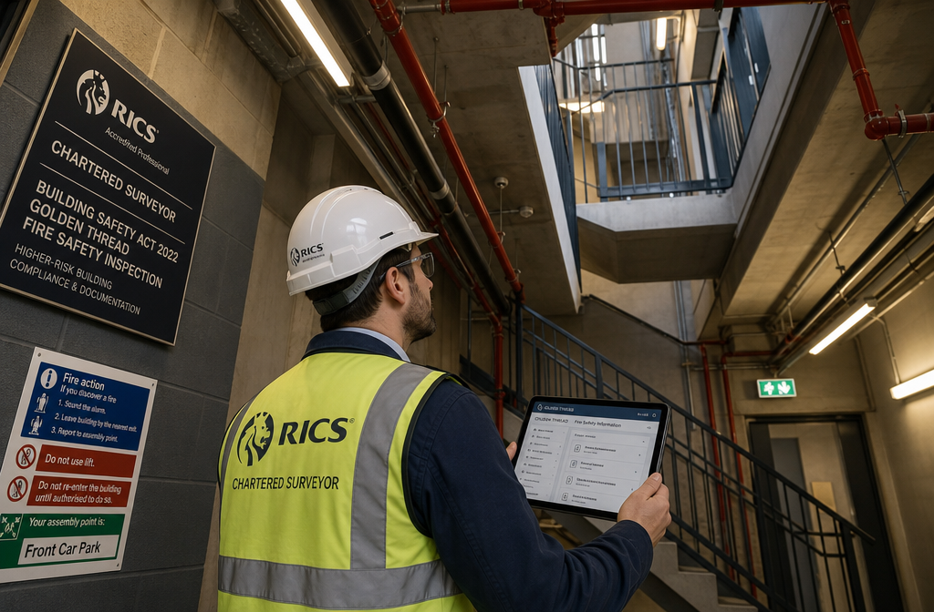 Wide-angle editorial photograph of a RICS-accredited chartered surveyor in professional attire and hard hat conducting a