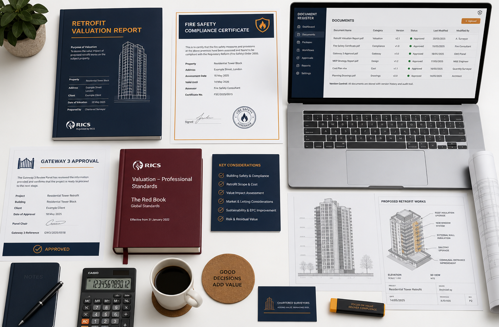 Flat-lay infographic style image showing a professional desk with retrofit valuation report documents, fire safety