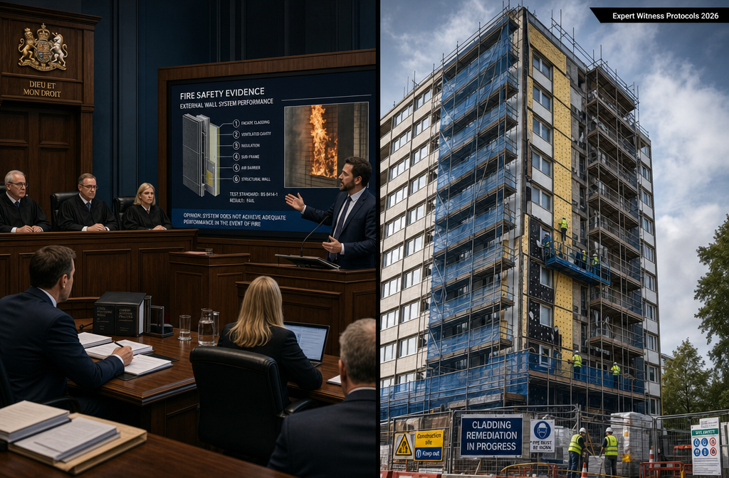 Split-scene courtroom and construction site composite image: left half shows formal legal proceedings with expert witness at