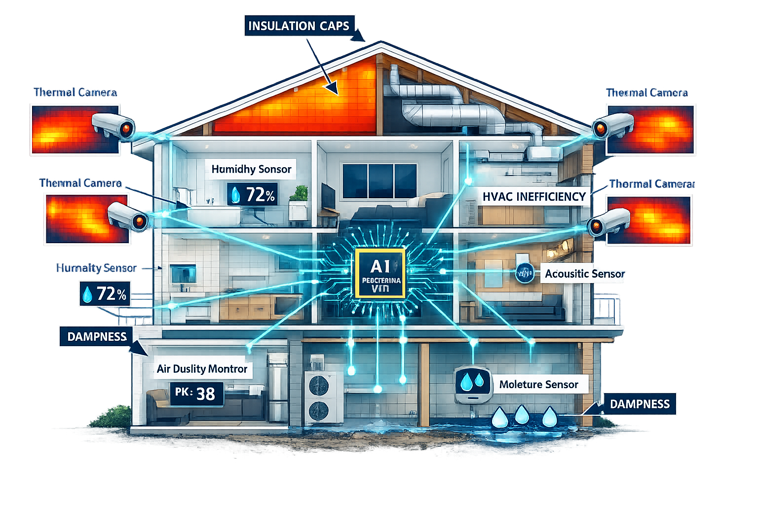 () detailed technical illustration showing cross-section cutaway view of multi-story residential building with various IoT