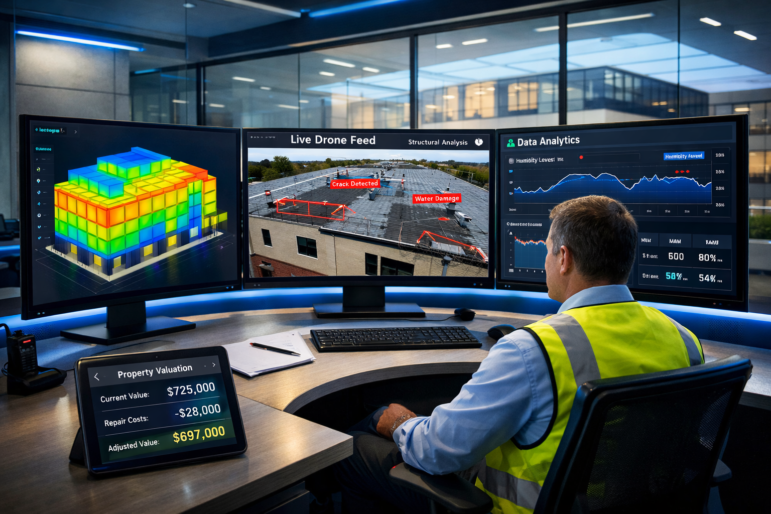 () modern control room scene showing building survey professional at curved desk with multiple large monitors displaying