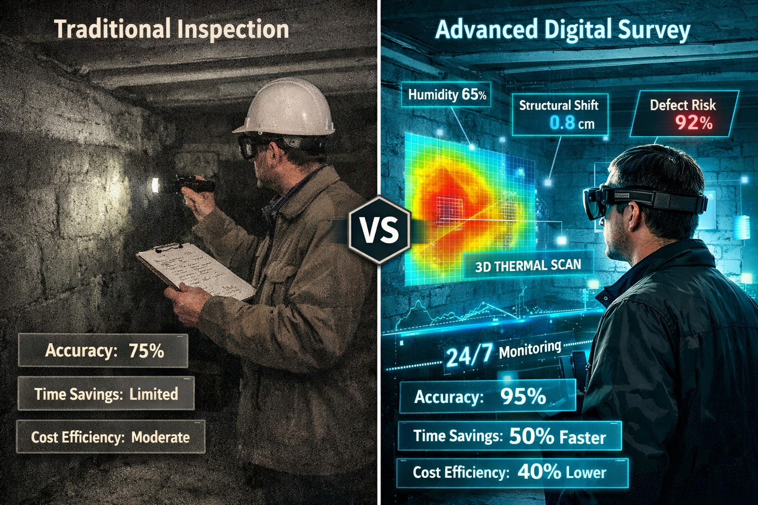 () split comparison infographic showing traditional vs modern building survey methods: left half depicts surveyor with