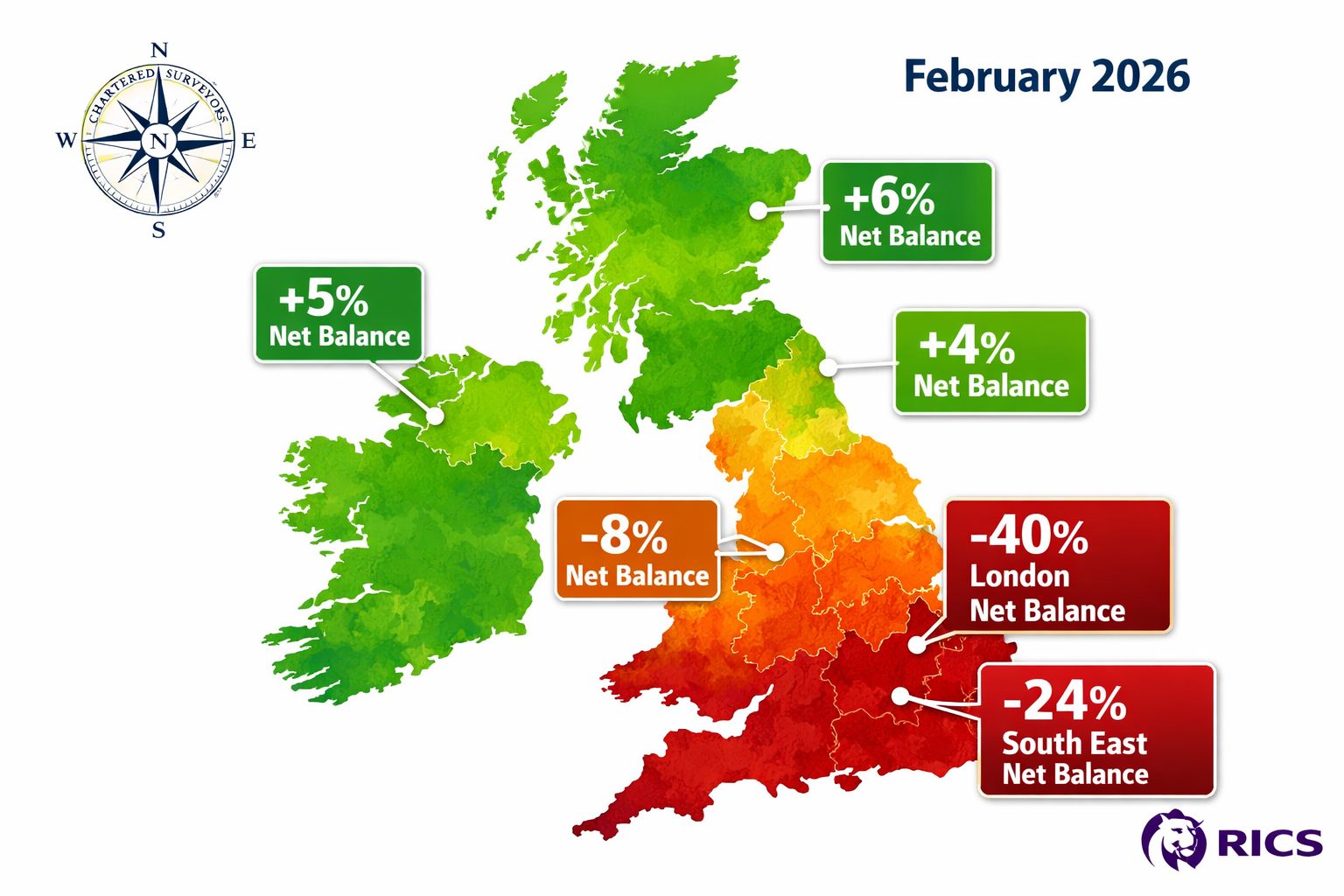 Detailed () infographic-style illustration showing a UK map with color-coded regional heat map overlaid: deep red zones over