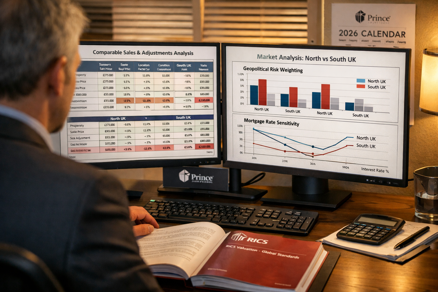 () showing a professional chartered surveyor at a modern desk with dual monitors displaying comparative valuation