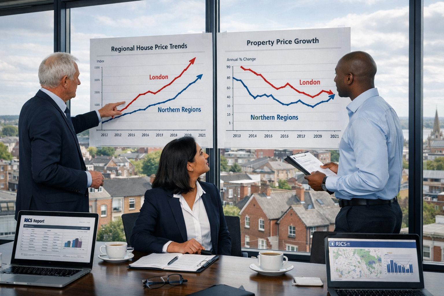 () depicting a wide-angle view of a professional property valuation meeting room with floor-to-ceiling windows overlooking a