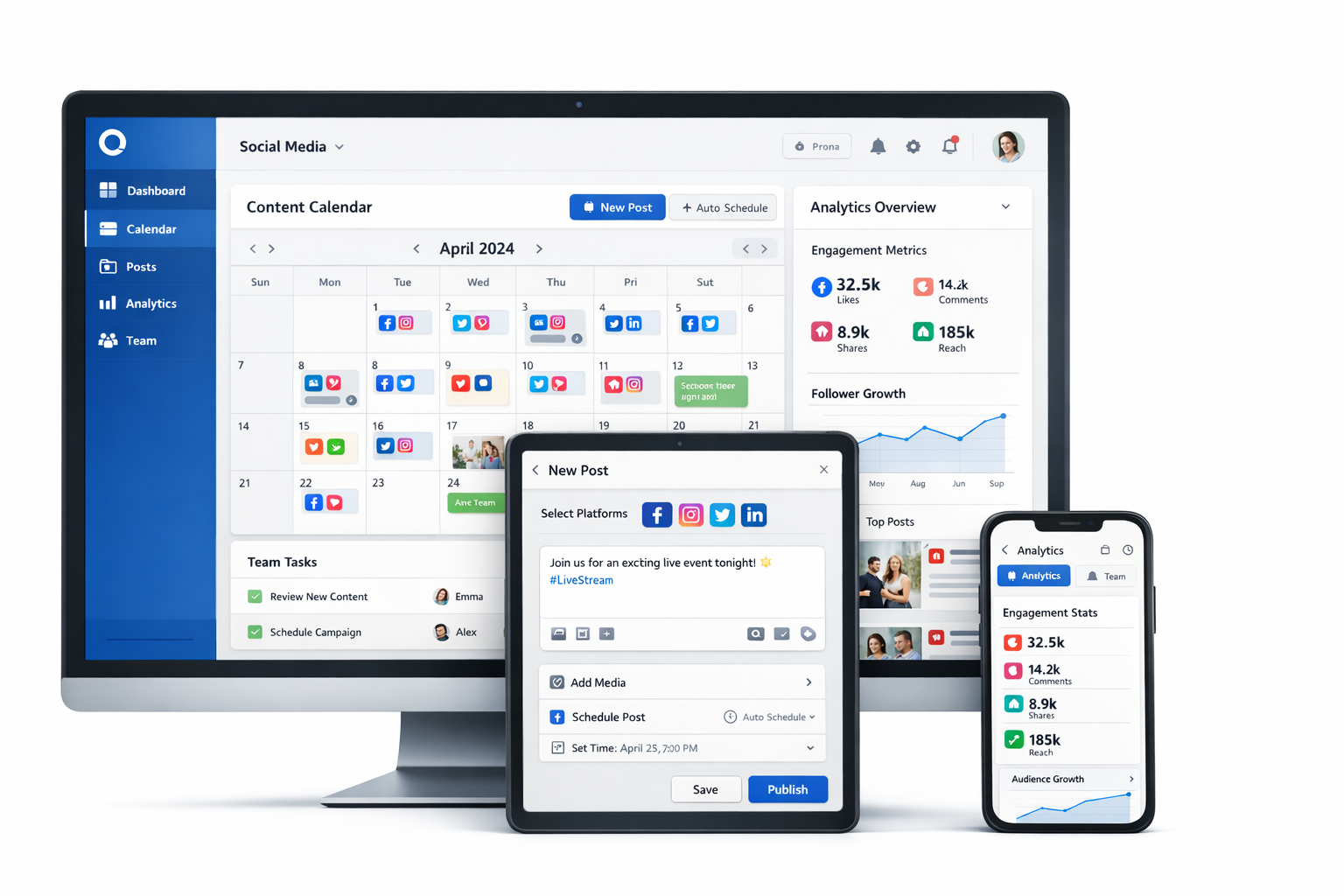 Landscape format (1536x1024) screenshot mockup of a comprehensive social media management platform interface. Shows unified content calendar - Social Media Kanäle zentral 11 Landscape format (1536x1024) screenshot mockup of a comprehensive social media management platform interface. Shows unified content calendar