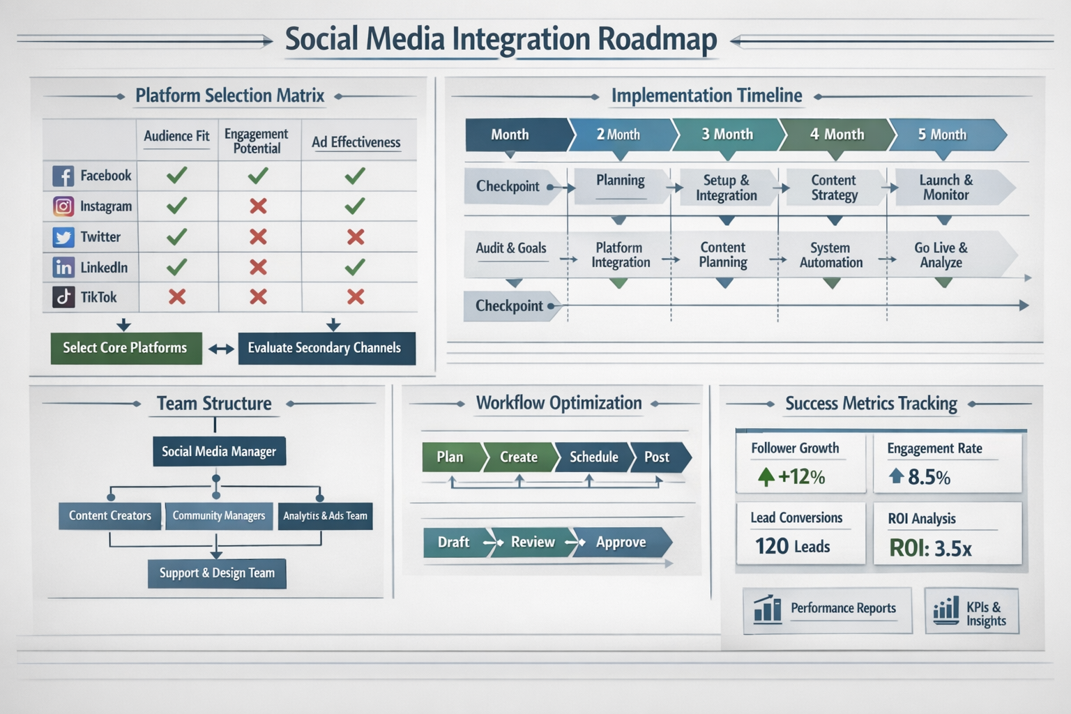 Landscape format (1536x1024) strategic planning visualization showing social media channel integration roadmap. Elements include platform se - Social Media Kanäle zentral 12 Landscape format (1536x1024) strategic planning visualization showing social media channel integration roadmap. Elements include platform se
