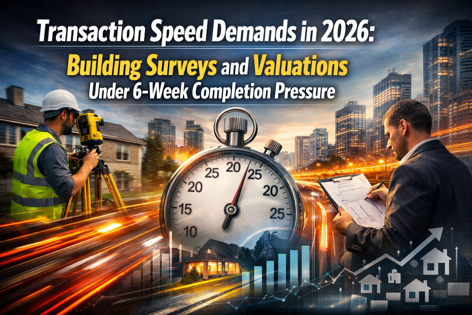 Professional landscape hero image () with : "Transaction Speed Demands in 2026: Building Surveys and Valuations Under 6-Week