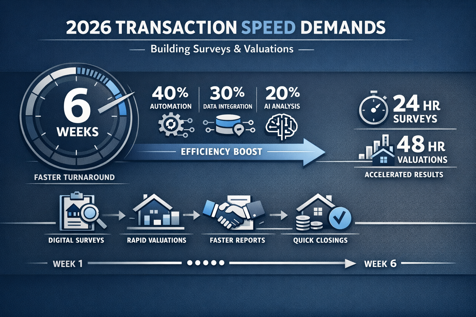 Infographic-style visual summarizing 2026 transaction speed demands for building surveys and valuations, featuring a dynamic