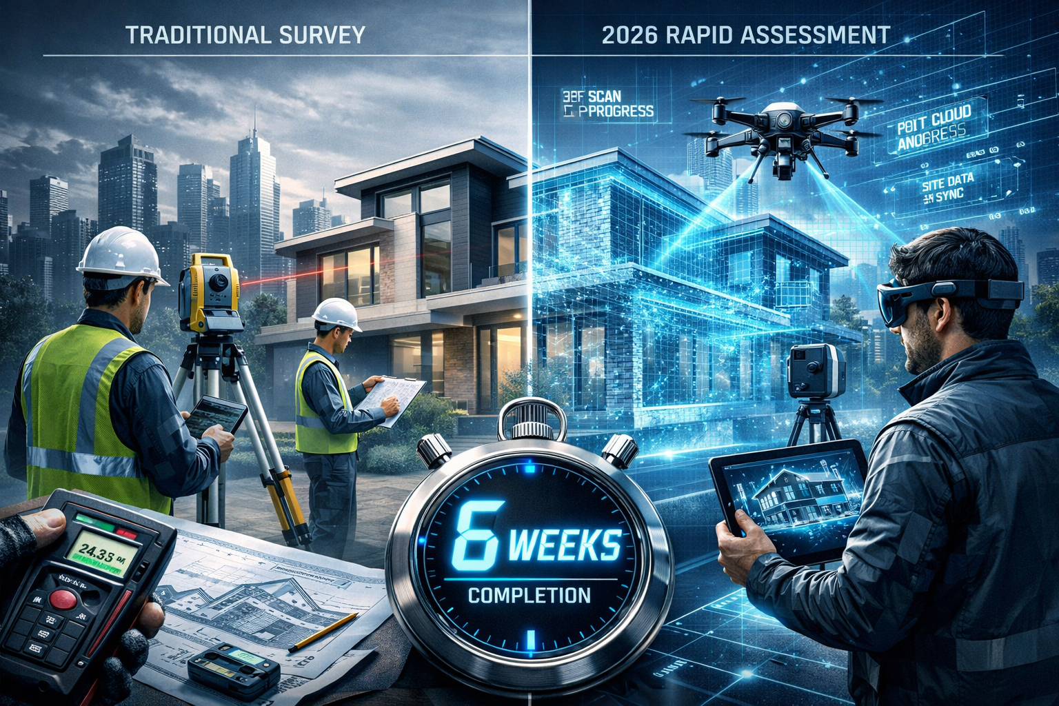Cinematic architectural visualization depicting a modern property survey in progress, split-screen showing traditional vs.