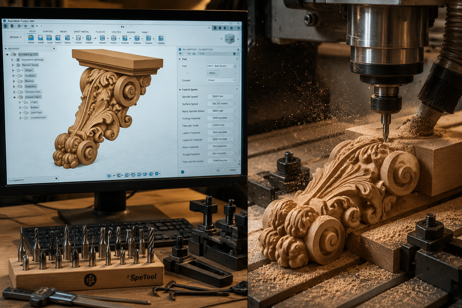 () image showcasing a split-screen view. On one side, a 3D CAD model of a complex wooden carving, possibly an ornate