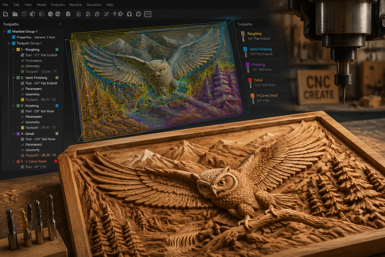 () image depicting the process of multi-toolpath strategies for complex CNC carving. The foreground features a meticulously
