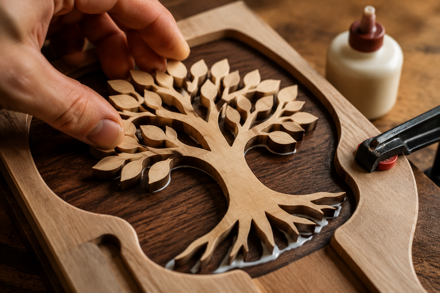 () close-up shot of a stunning wooden inlay being carefully placed and glued into a CNC-carved recess. The inlay features