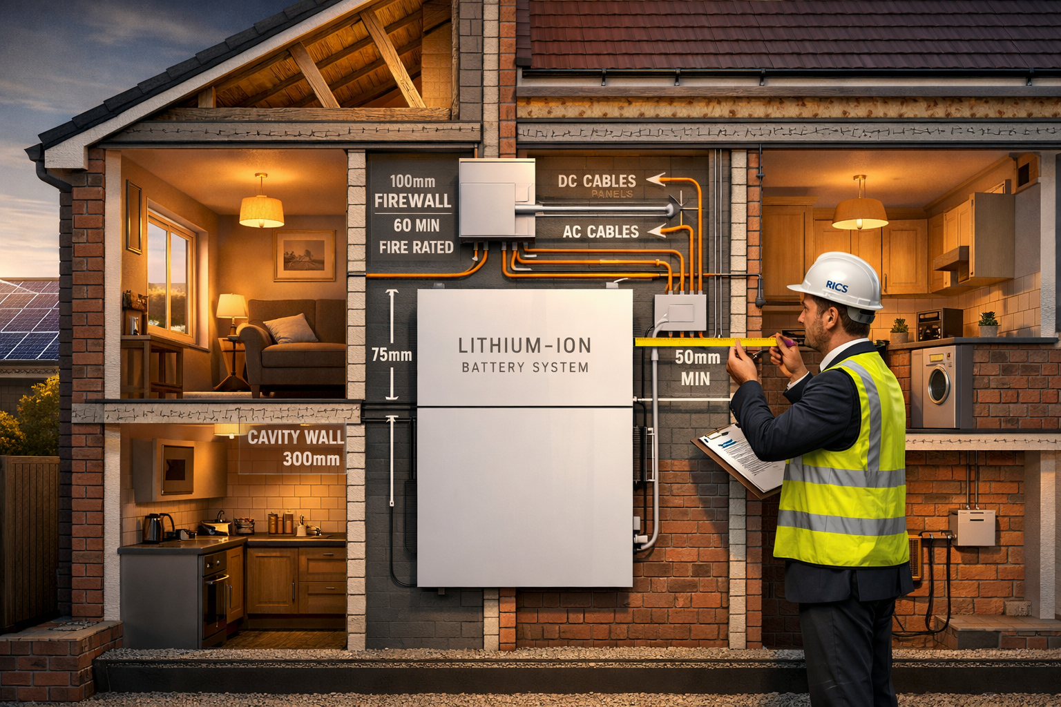 Wide-angle editorial illustration showing a UK semi-detached brick house cross-section revealing a large lithium-ion home