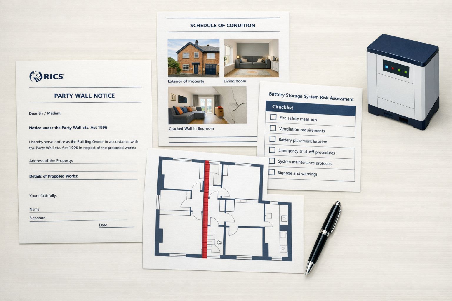 Overhead flat-lay perspective of a professional party wall surveyor's desk showing: a formal Party Wall Notice document with