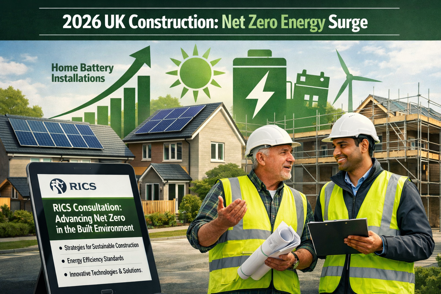 Dynamic infographic-style editorial image showing a UK construction industry timeline for 2026 net zero energy surge: upward