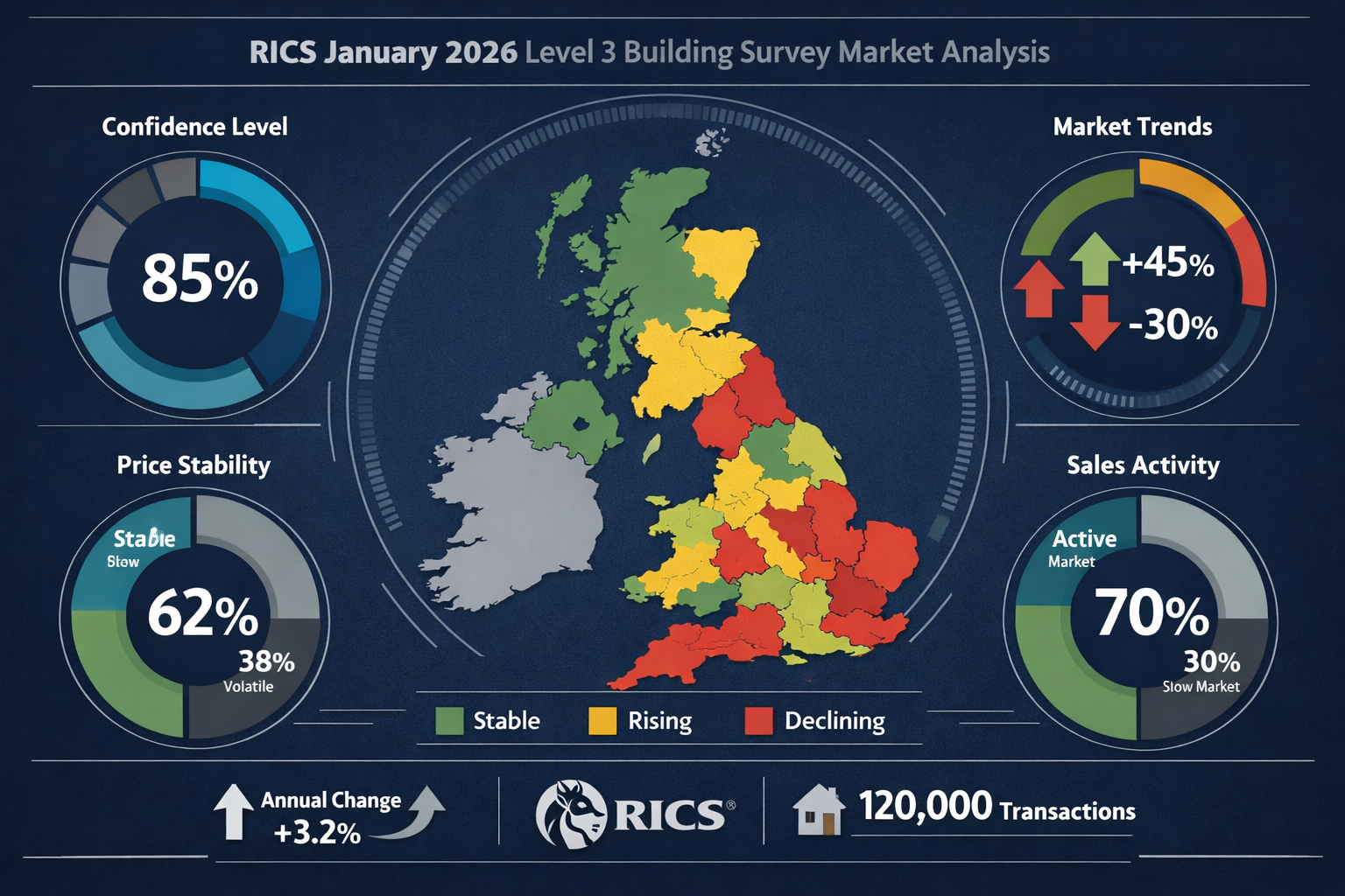 Comprehensive dashboard-style infographic visualizing key takeaways from RICS January 2026 Level 3 Building Survey market