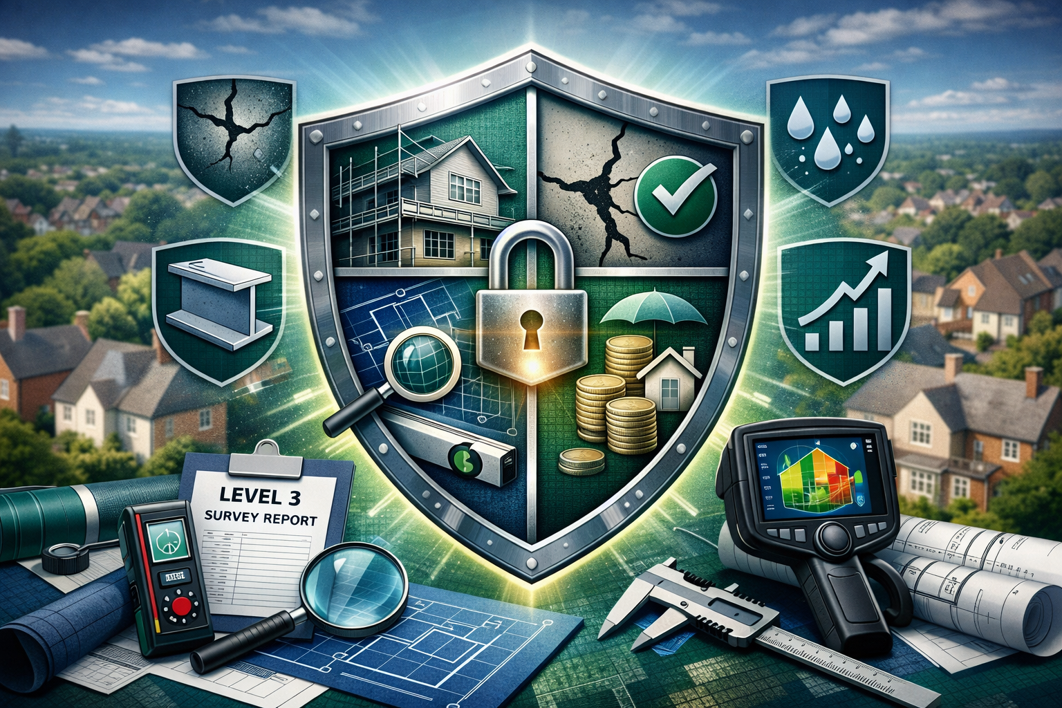 Conceptual protection-focused image depicting how Level 3 Building Surveys safeguard property buyers in 2026's stabilizing