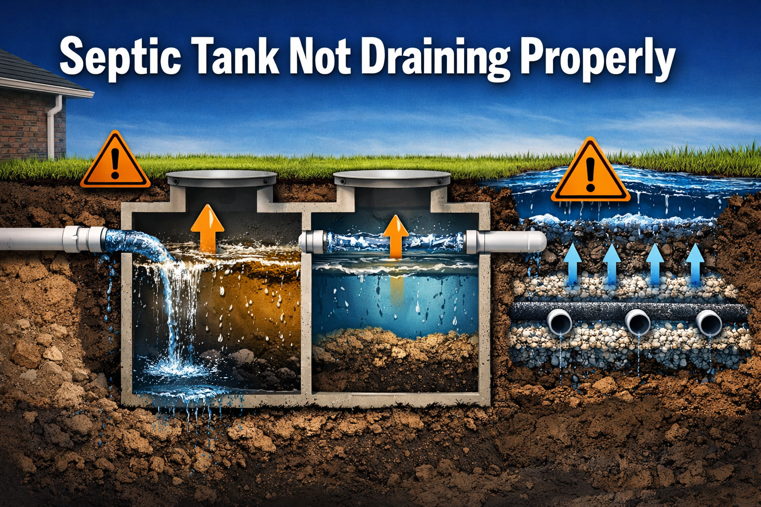 Professional landscape format (1536x1024) hero image featuring bold text overlay 'Septic Tank Not Draining Properly' in extra large 72pt whi