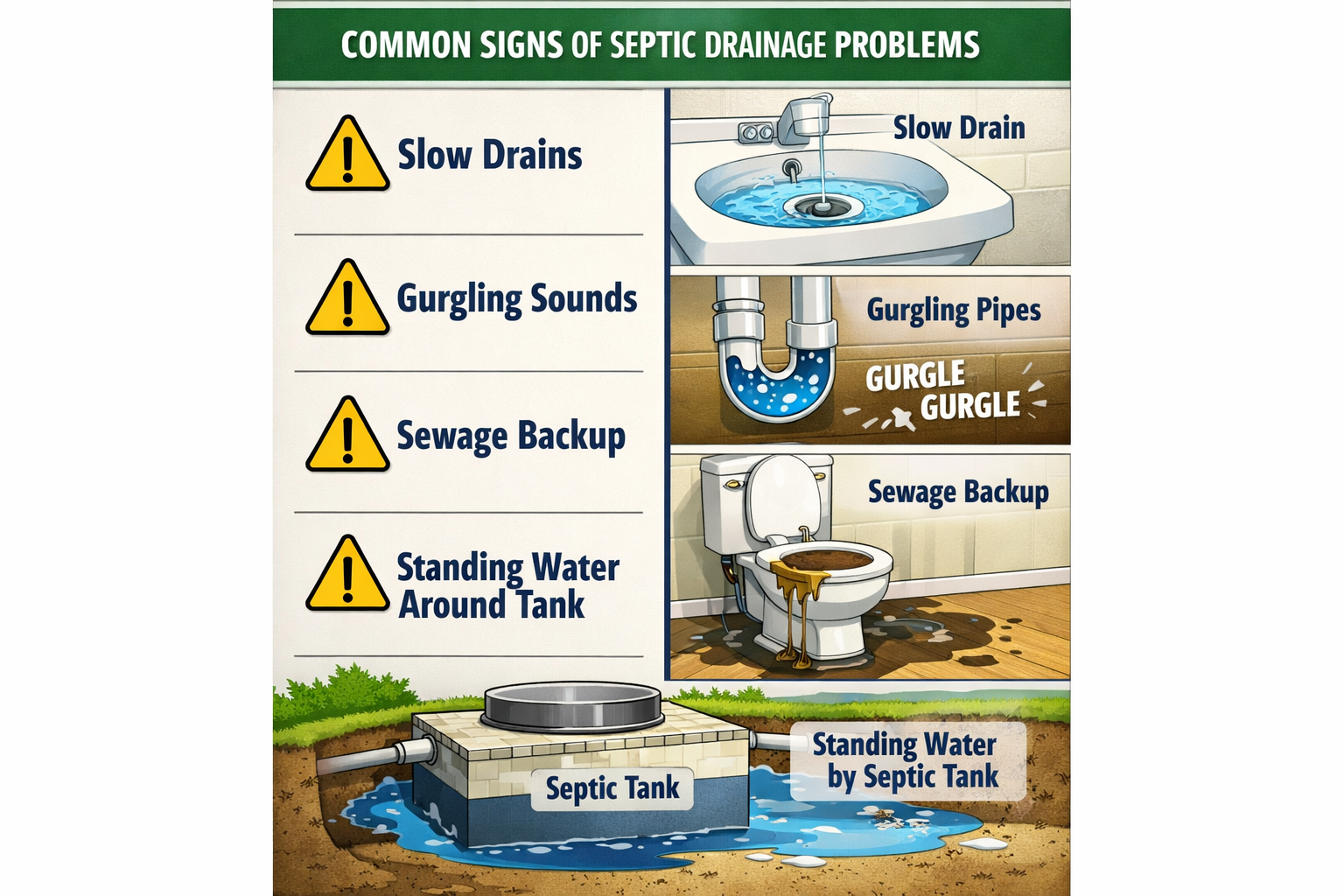 Portrait format (1024x1536) infographic showing common signs of septic drainage problems including slow drains, gurgling sounds, sewage back