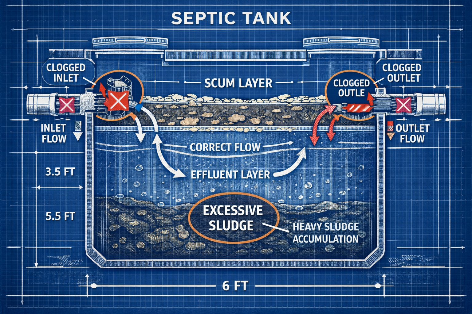 Portrait format (1024x1536) detailed cutaway diagram of septic tank showing internal components including inlet pipe, outlet pipe, scum laye
