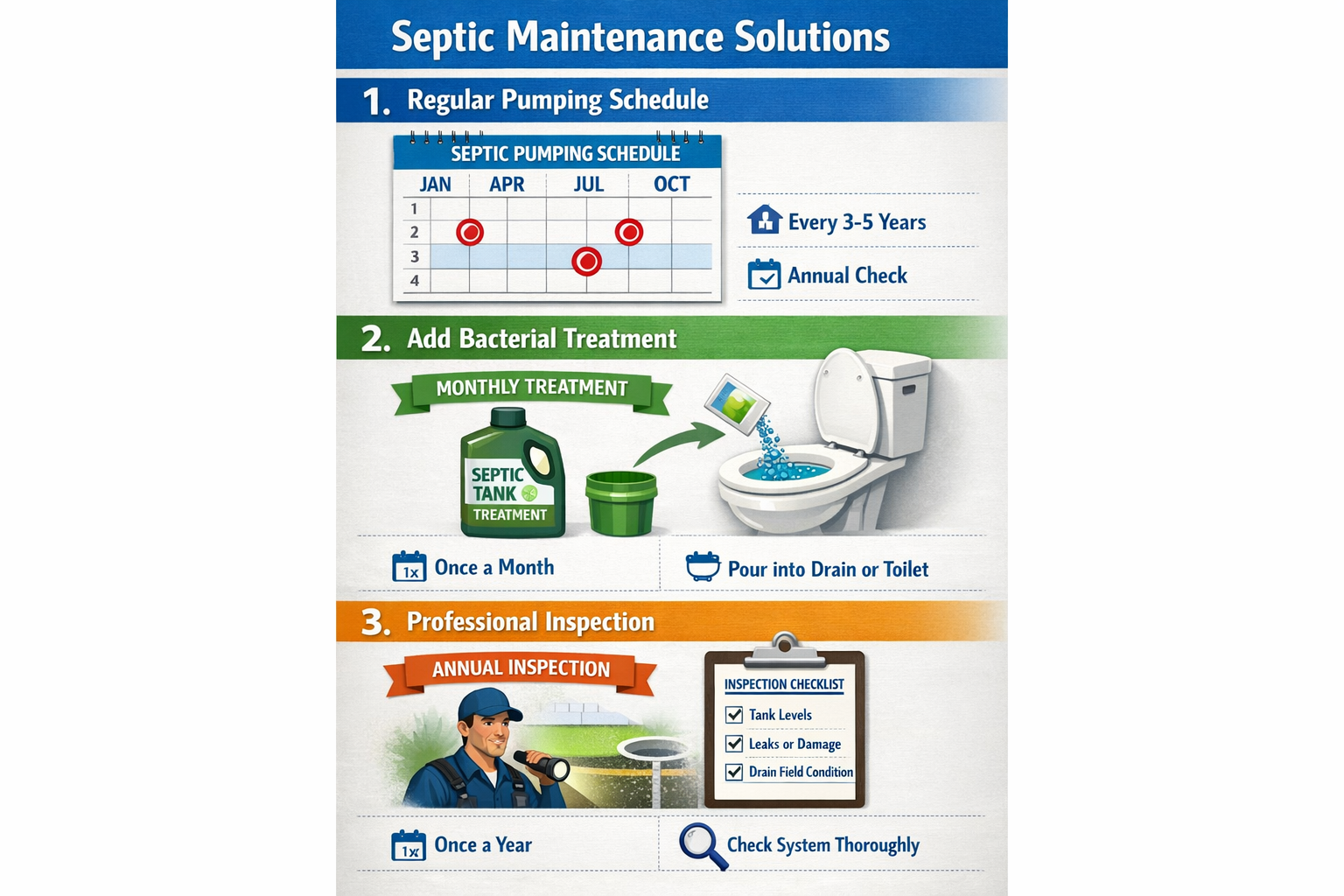 Portrait format (1024x1536) step-by-step visual guide showing septic maintenance solutions including pumping schedule calendar, bacterial tr