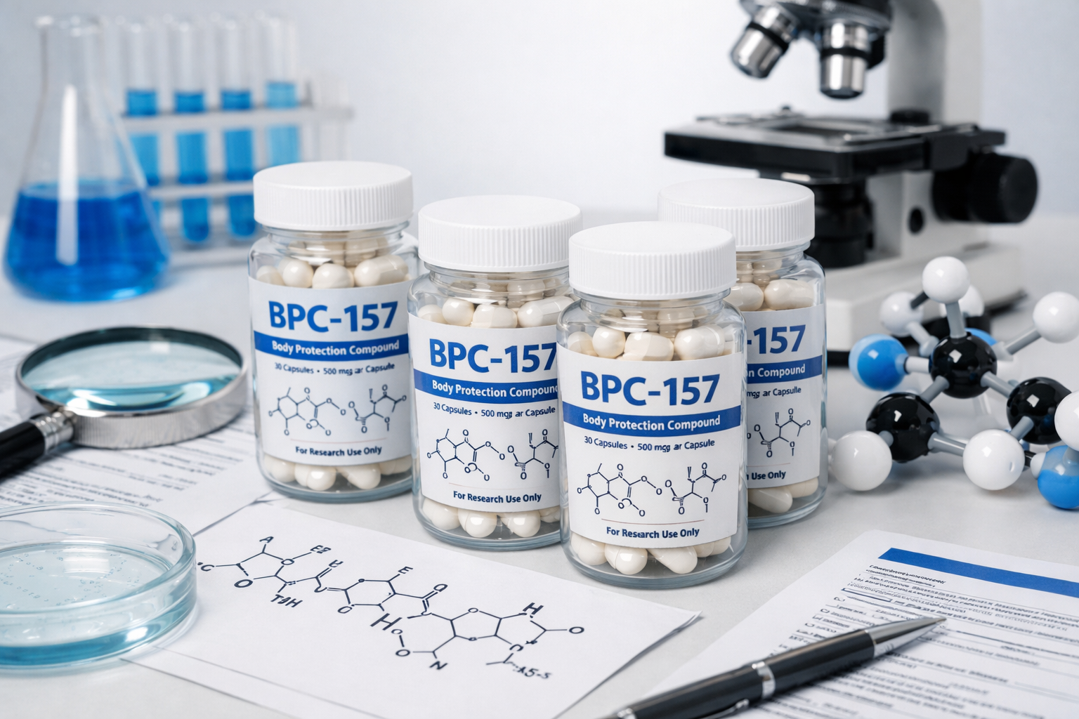 Scientific laboratory scene showing BPC-157 capsule bottles arranged on research bench with magnifying glass, molecular structure diagrams, 