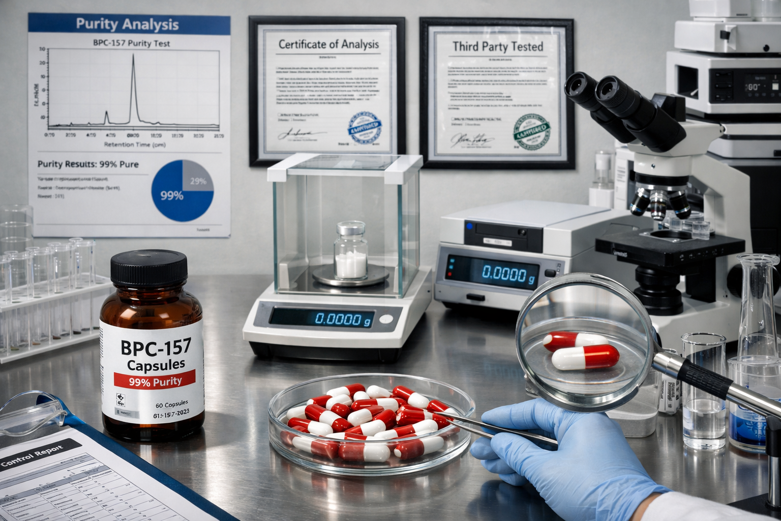 Quality control laboratory environment featuring testing equipment, purity analysis charts, third-party verification certificates, and BPC-1