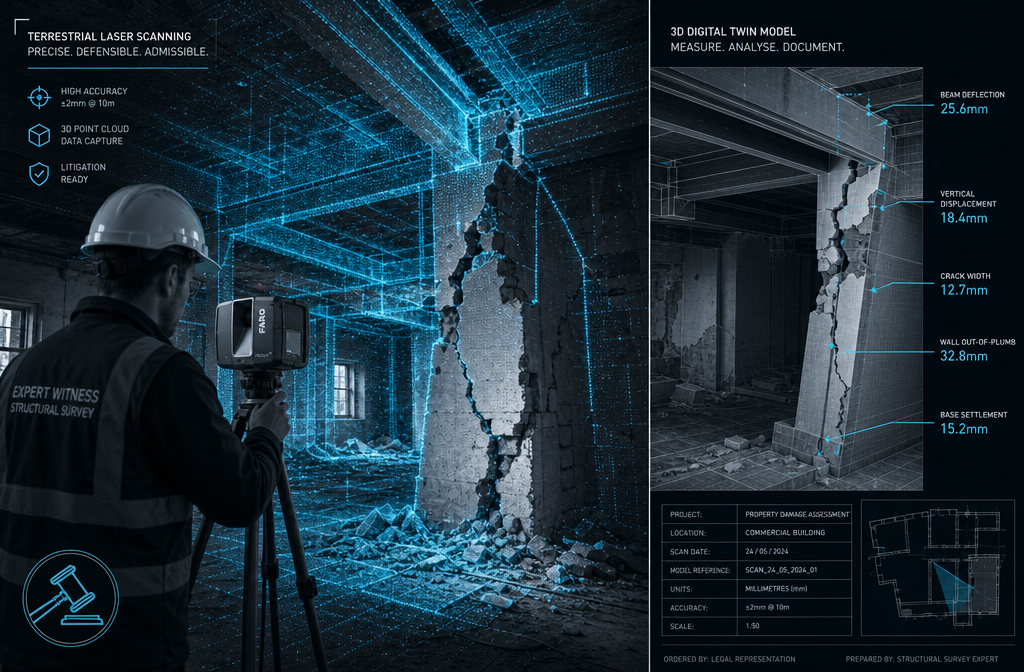 () editorial illustration showing a professional surveyor operating a terrestrial laser scanner (TLS) inside a damaged