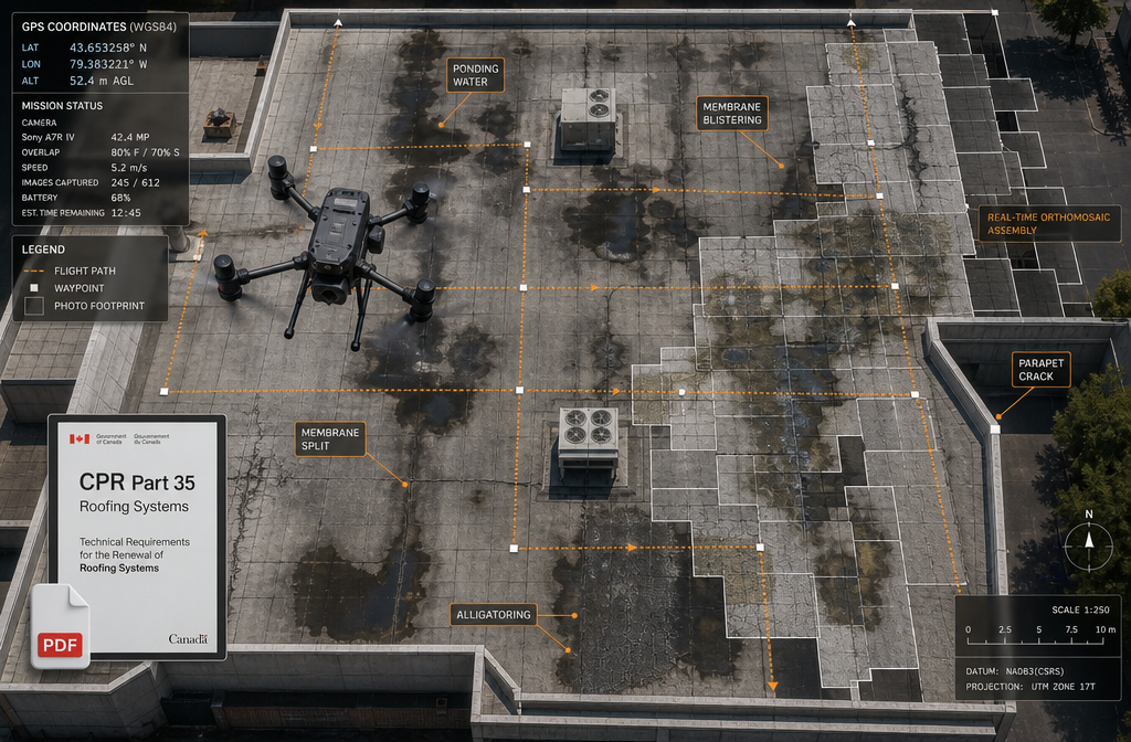 () top-down aerial photograph of a flat commercial roof with a professional surveying drone mid-flight, capturing