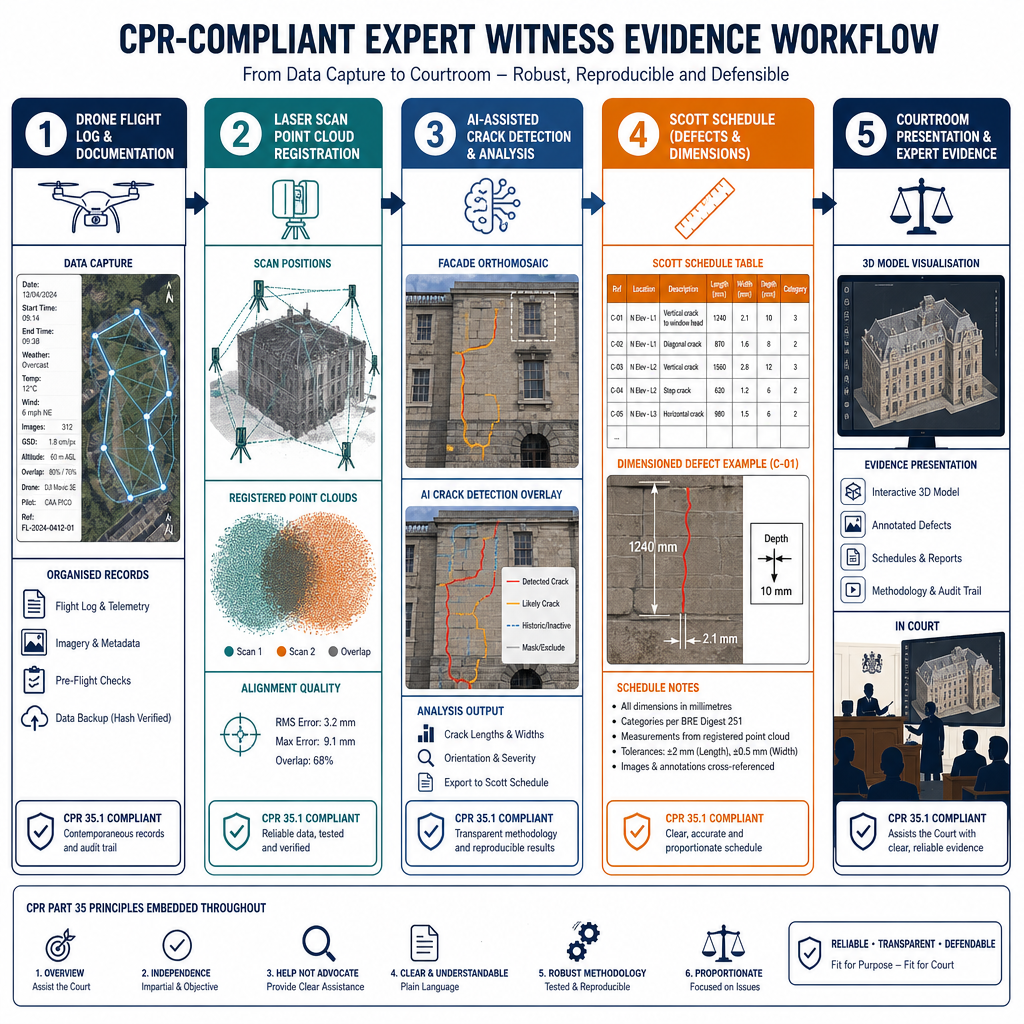 () infographic-style editorial image showing a structured workflow diagram for CPR-compliant expert witness evidence. Five