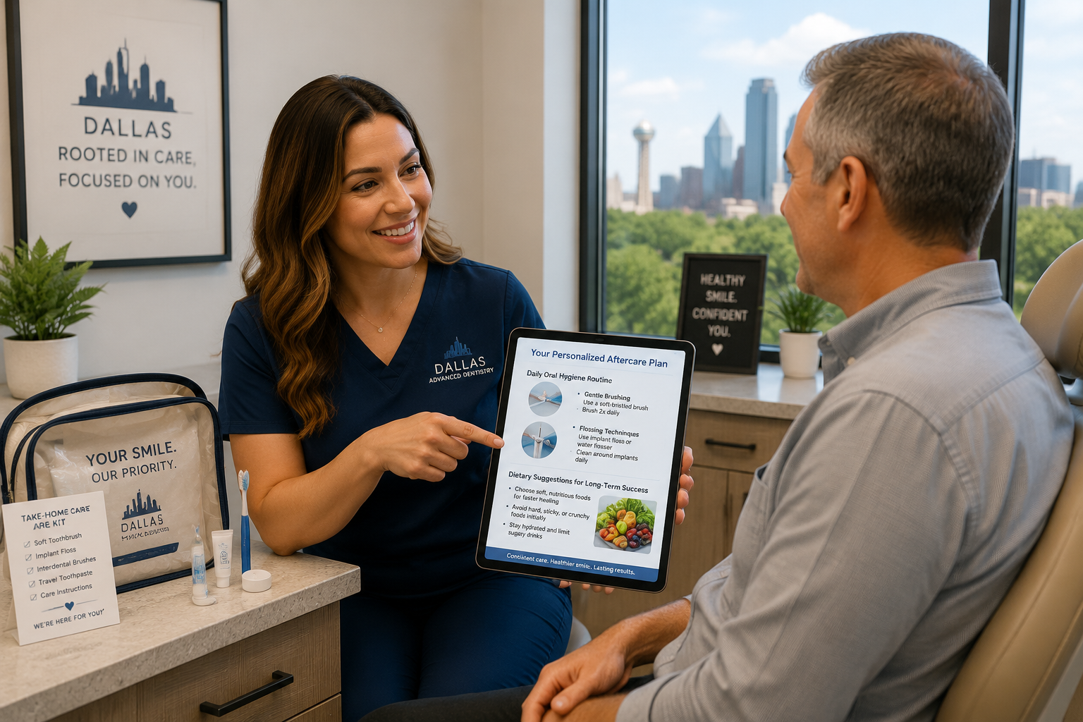 () image depicting a Dallas dental professional offering personalized aftercare advice to a patient in a consultation room.