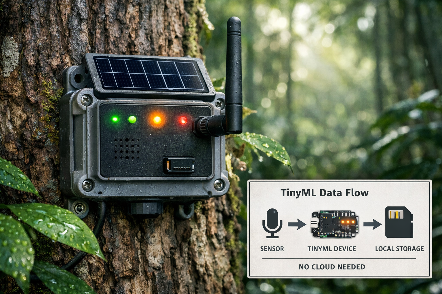 Detailed () editorial image showing close-up of compact TinyML microcontroller device mounted on weatherproof casing