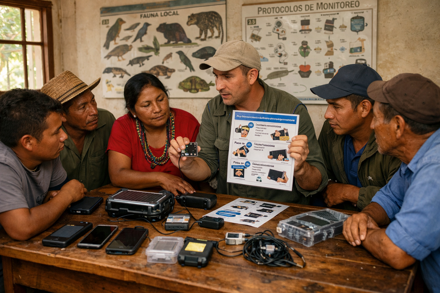 Wide-angle () image depicting training workshop scene in rural community center with diverse group of local field